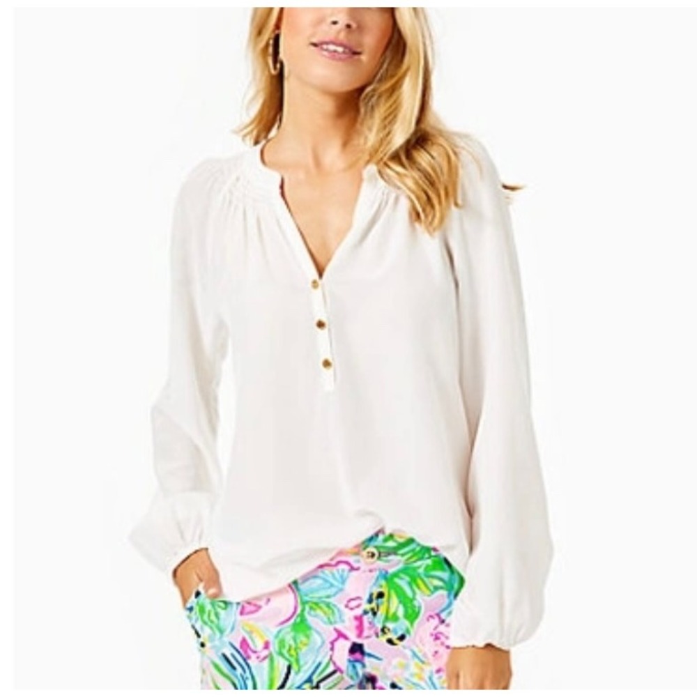 Lilly Pulitzer Elsa White 100% Silk Smocked Neck Button Front Blouse Large